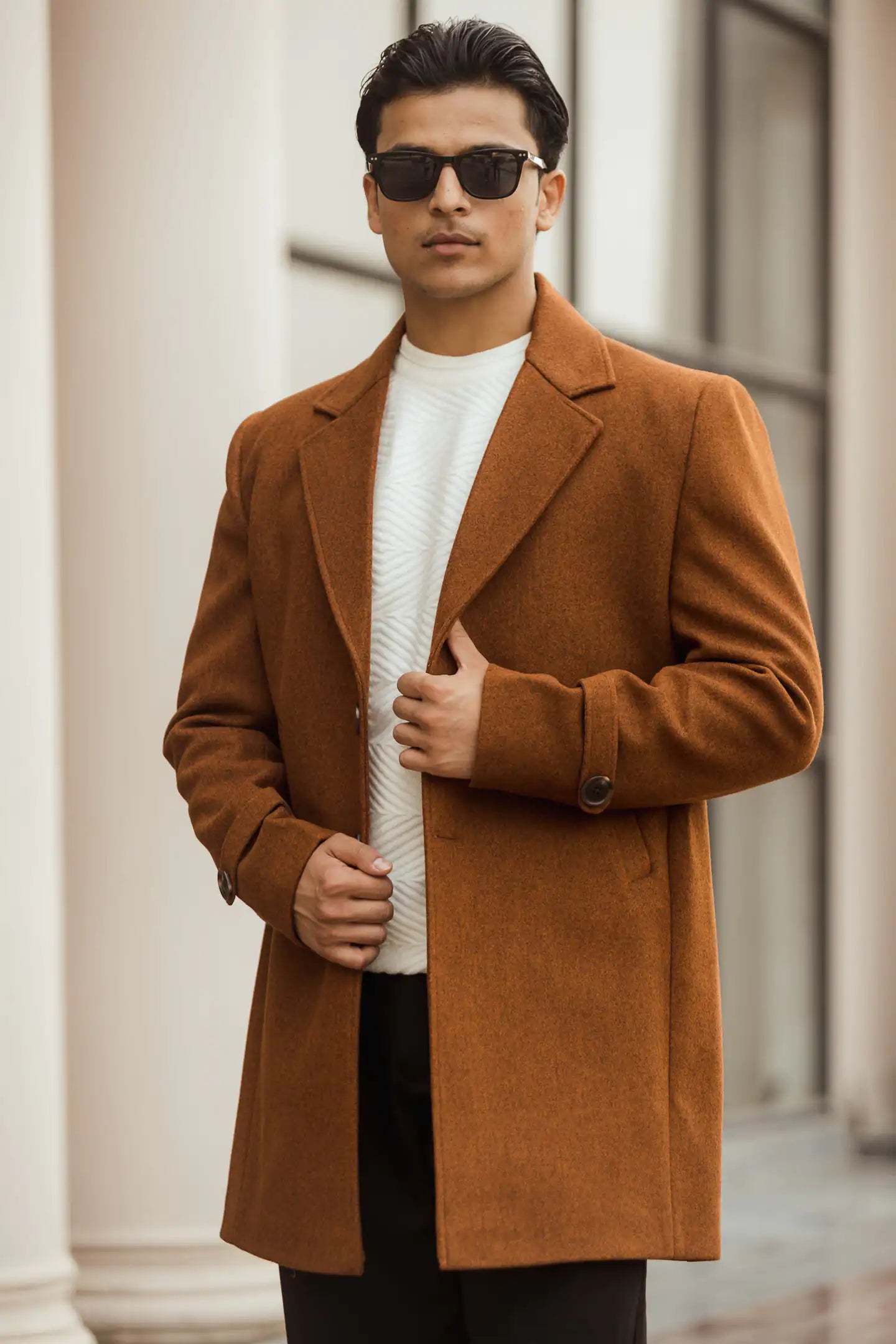 Men Long Coat Solid Weave