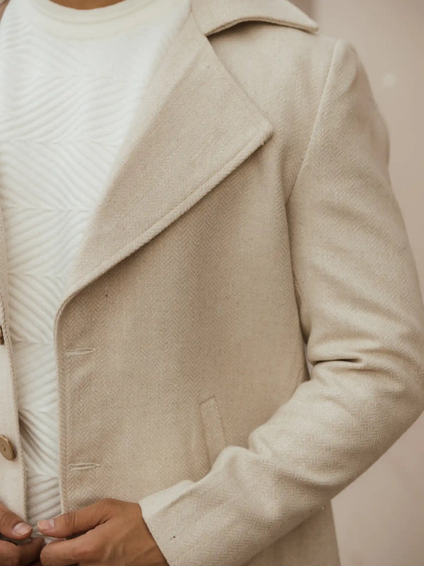 Men Long Coat Herringbone Weave