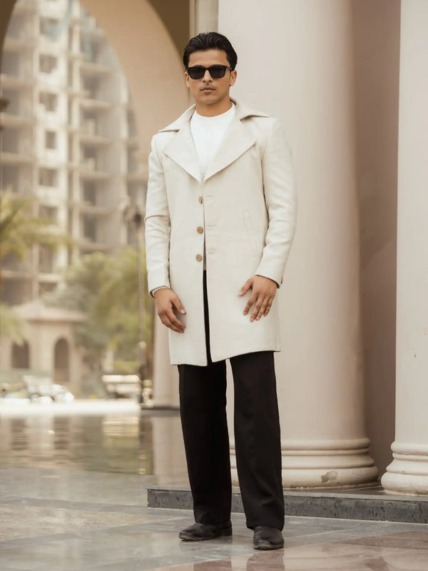 Men Long Coat Herringbone Weave