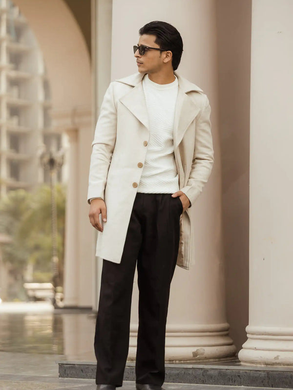 Men Long Coat Herringbone Weave