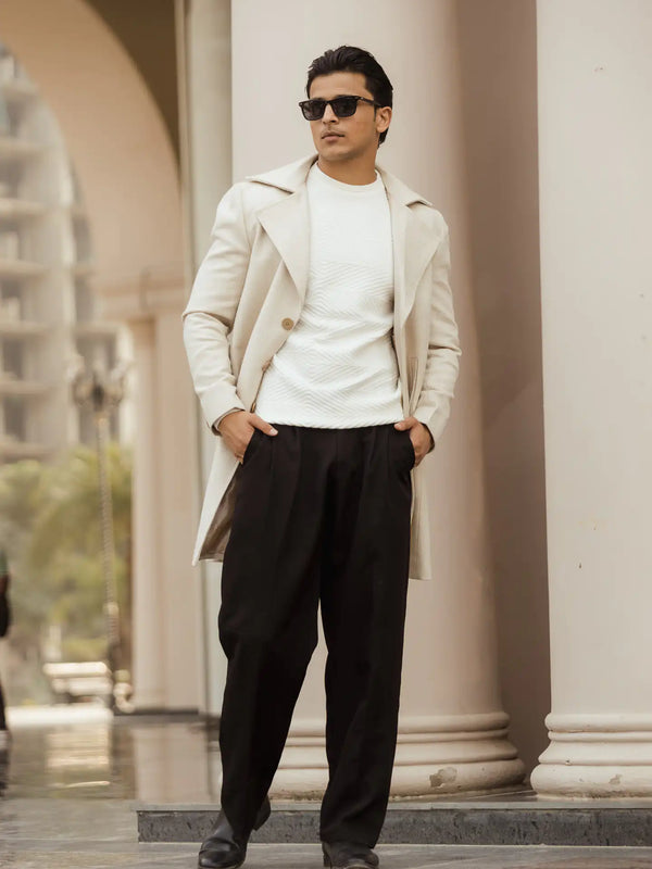 Men Long Coat Herringbone Weave