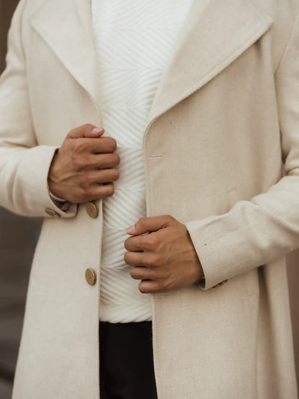 Men Long Coat Herringbone Weave