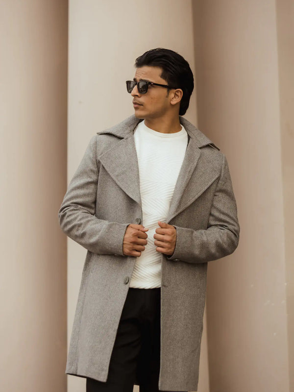 Men Long Coat Herringbone Weave