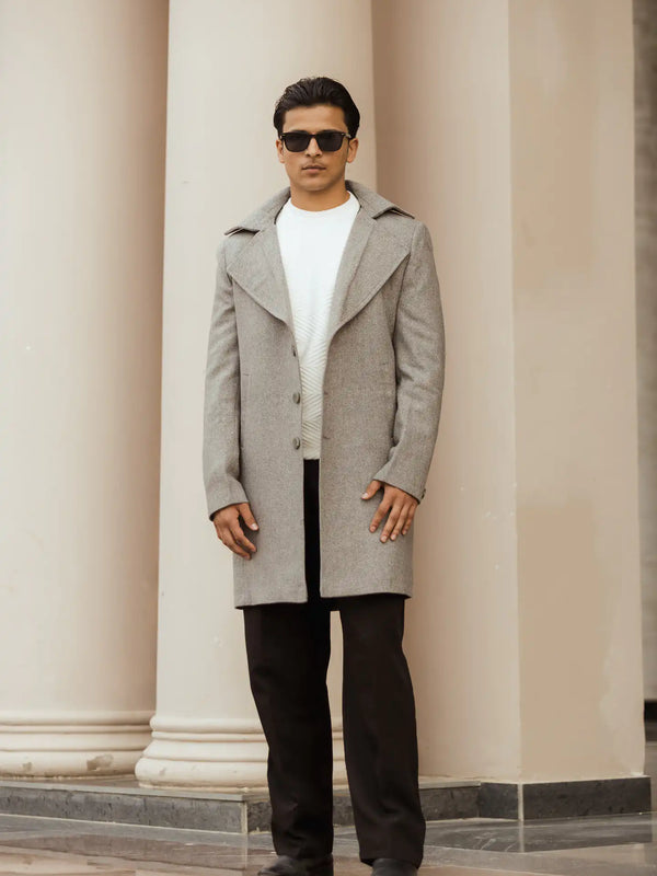 Men Long Coat Herringbone Weave