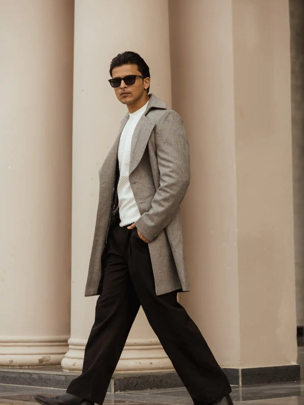 Men Long Coat Herringbone Weave