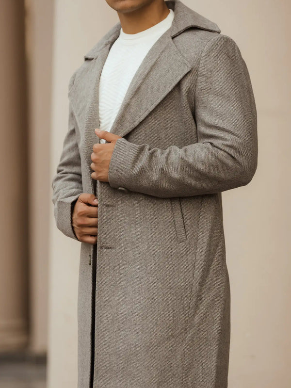 Men Long Coat Herringbone Weave