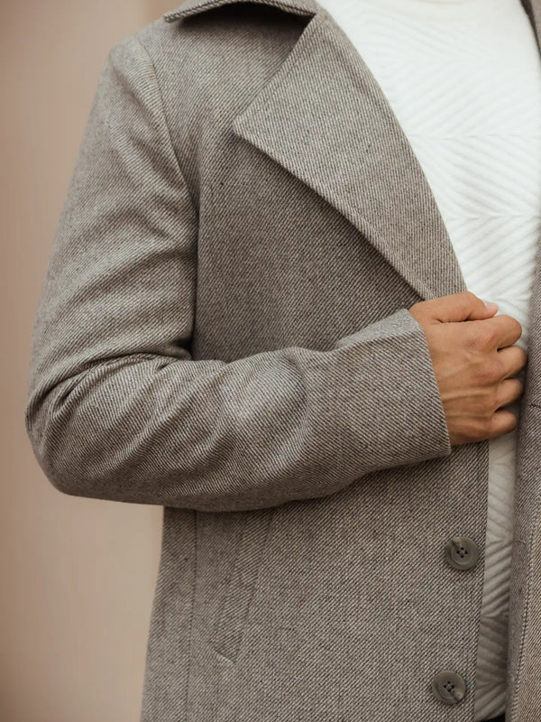 Men Long Coat Herringbone Weave