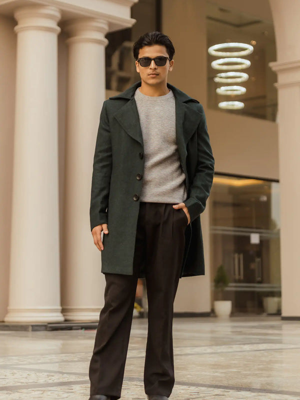 Men Long Coat Herringbone Weave