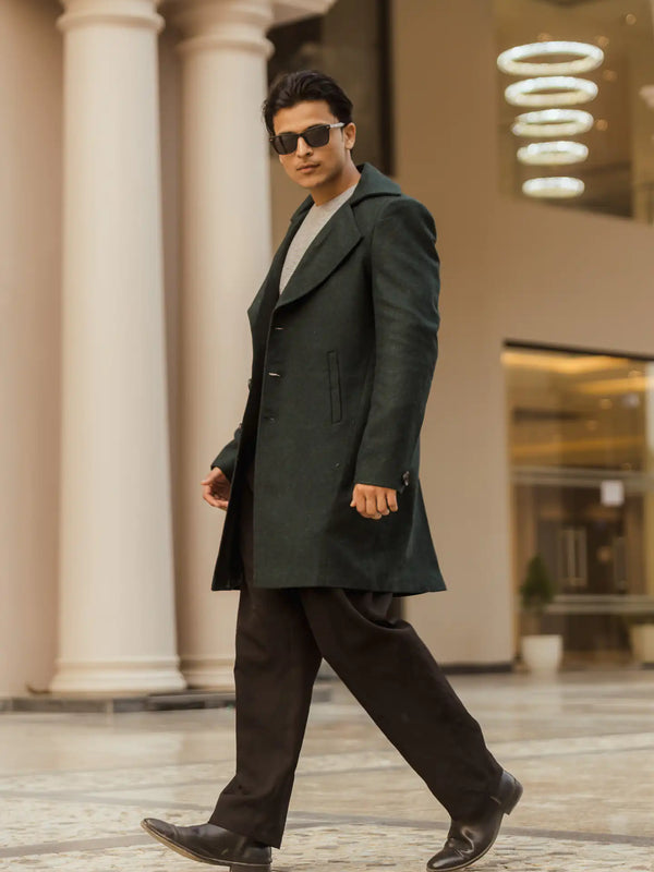 Men Long Coat Herringbone Weave