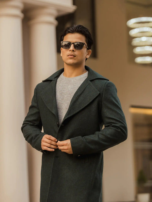 Men Long Coat Herringbone Weave