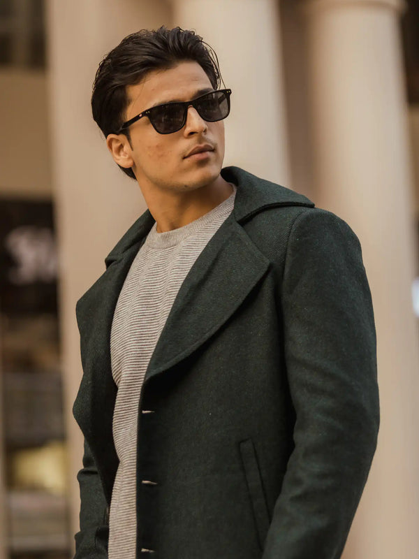 Men Long Coat Herringbone Weave