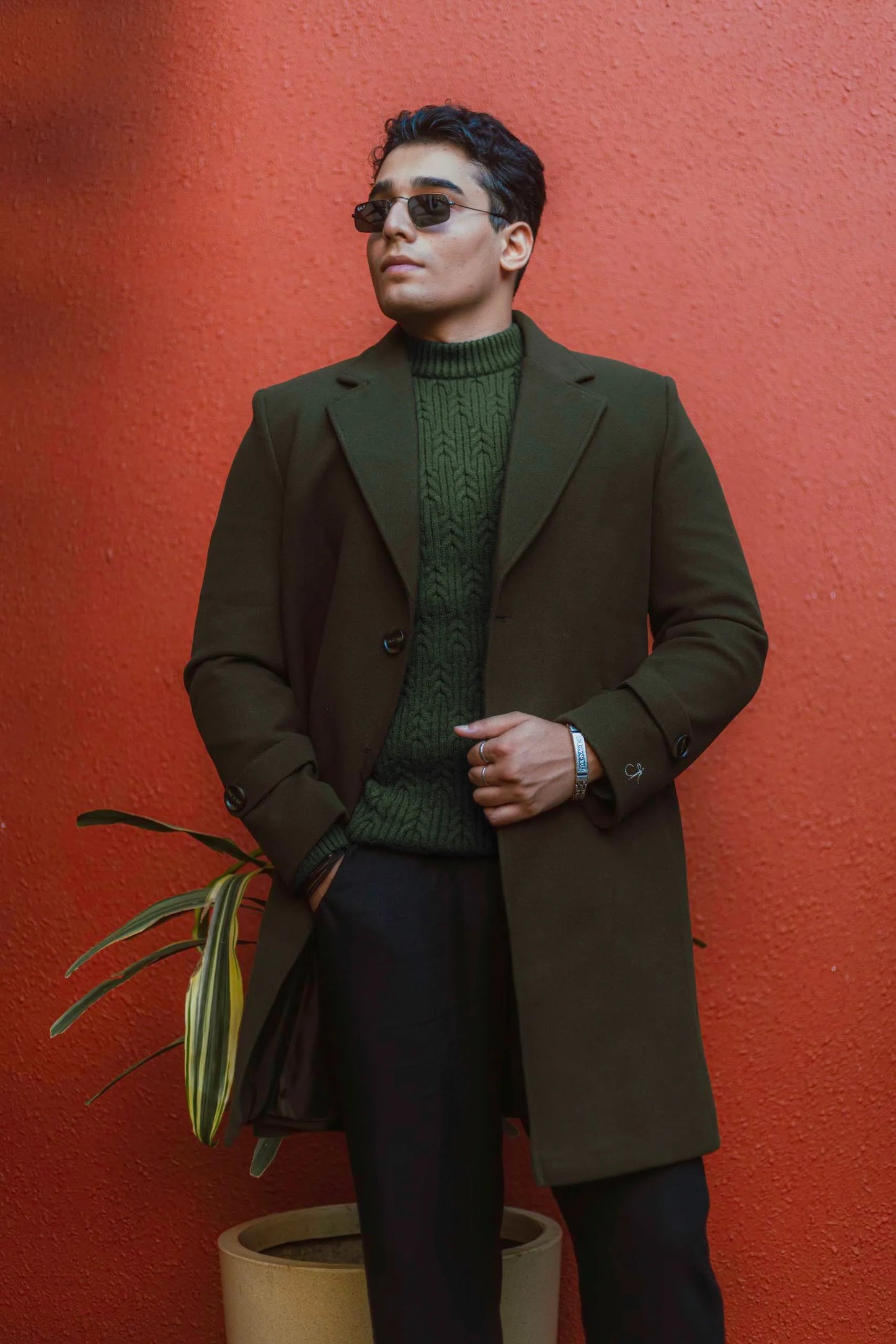 Men Long Coat Solid Weave