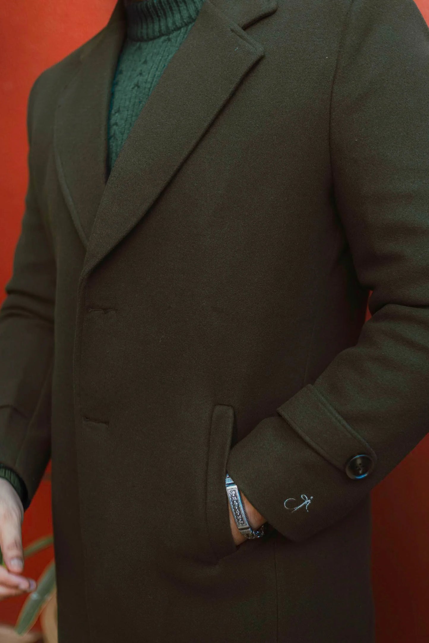 Men Long Coat Solid Weave