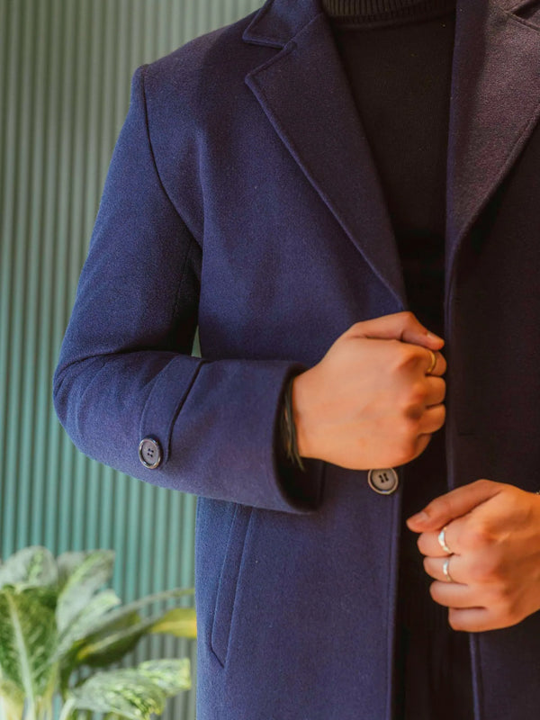 Men Long Coat Solid Weave