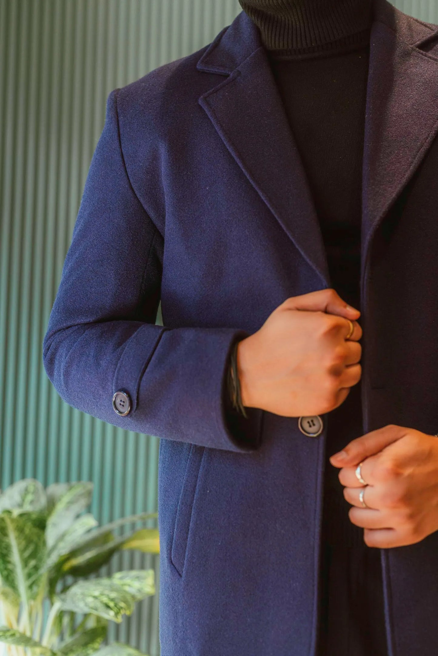 Men Long Coat Solid Weave