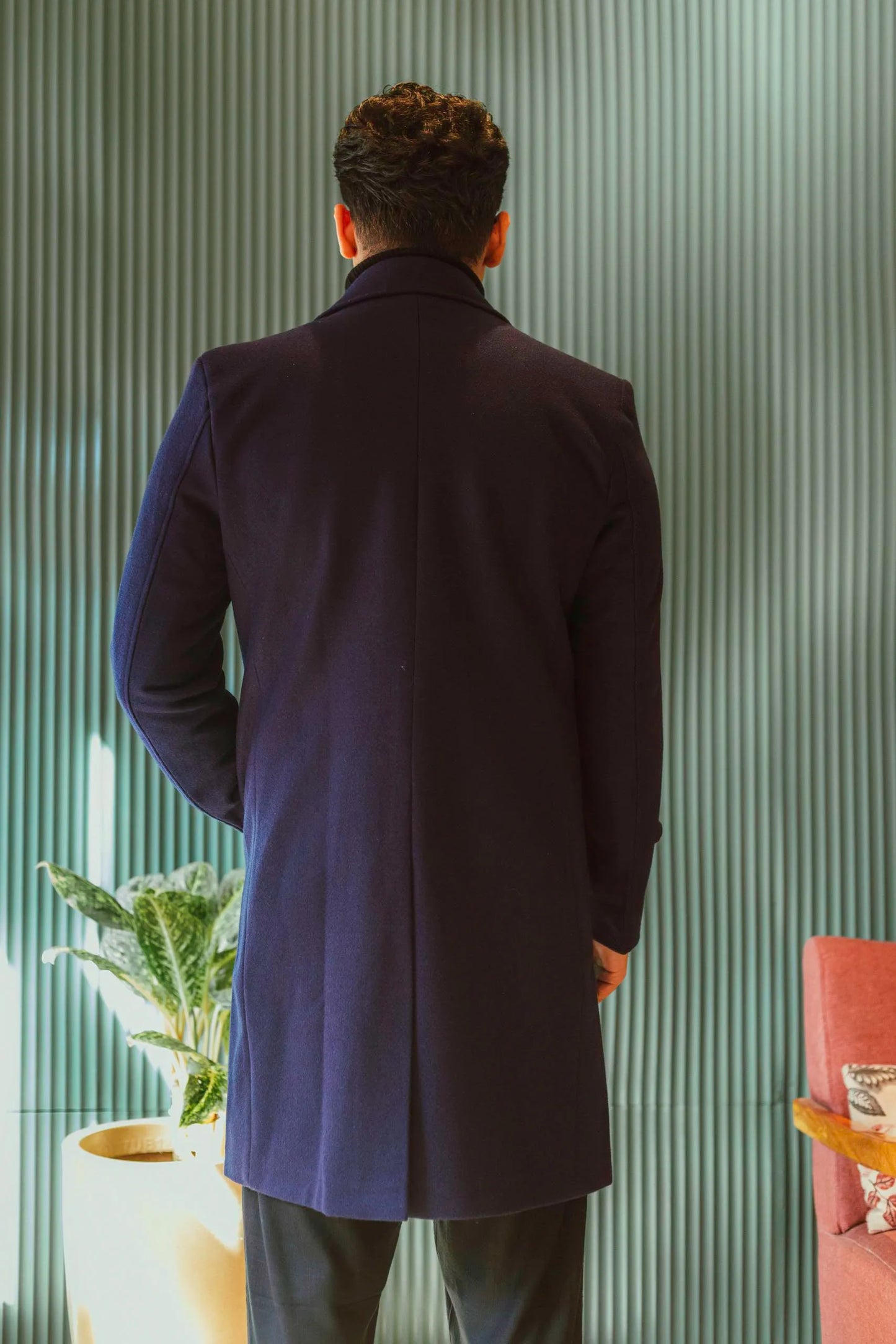 Men Long Coat Solid Weave