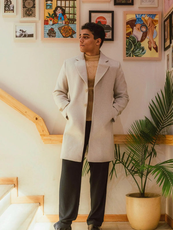 Men Long Coat Solid Weave