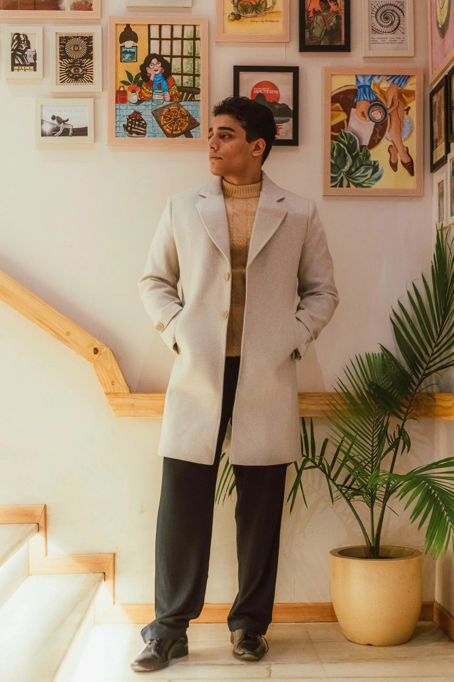 Men Long Coat Solid Weave