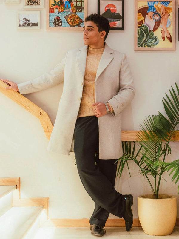Men Long Coat Solid Weave