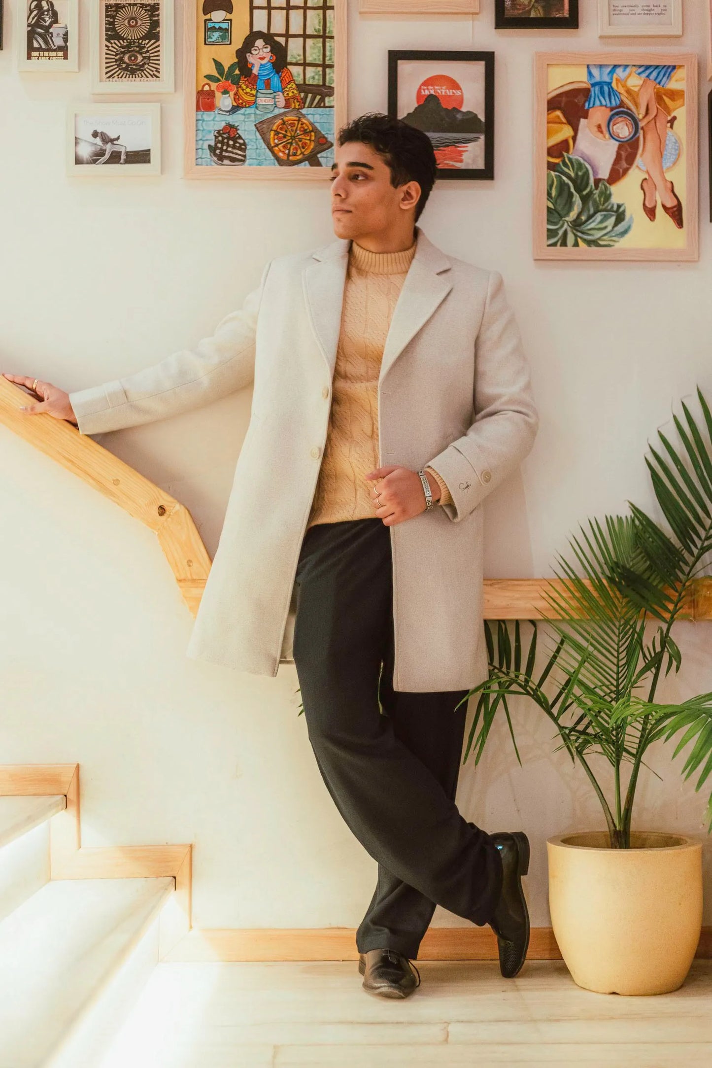 Men Long Coat Solid Weave