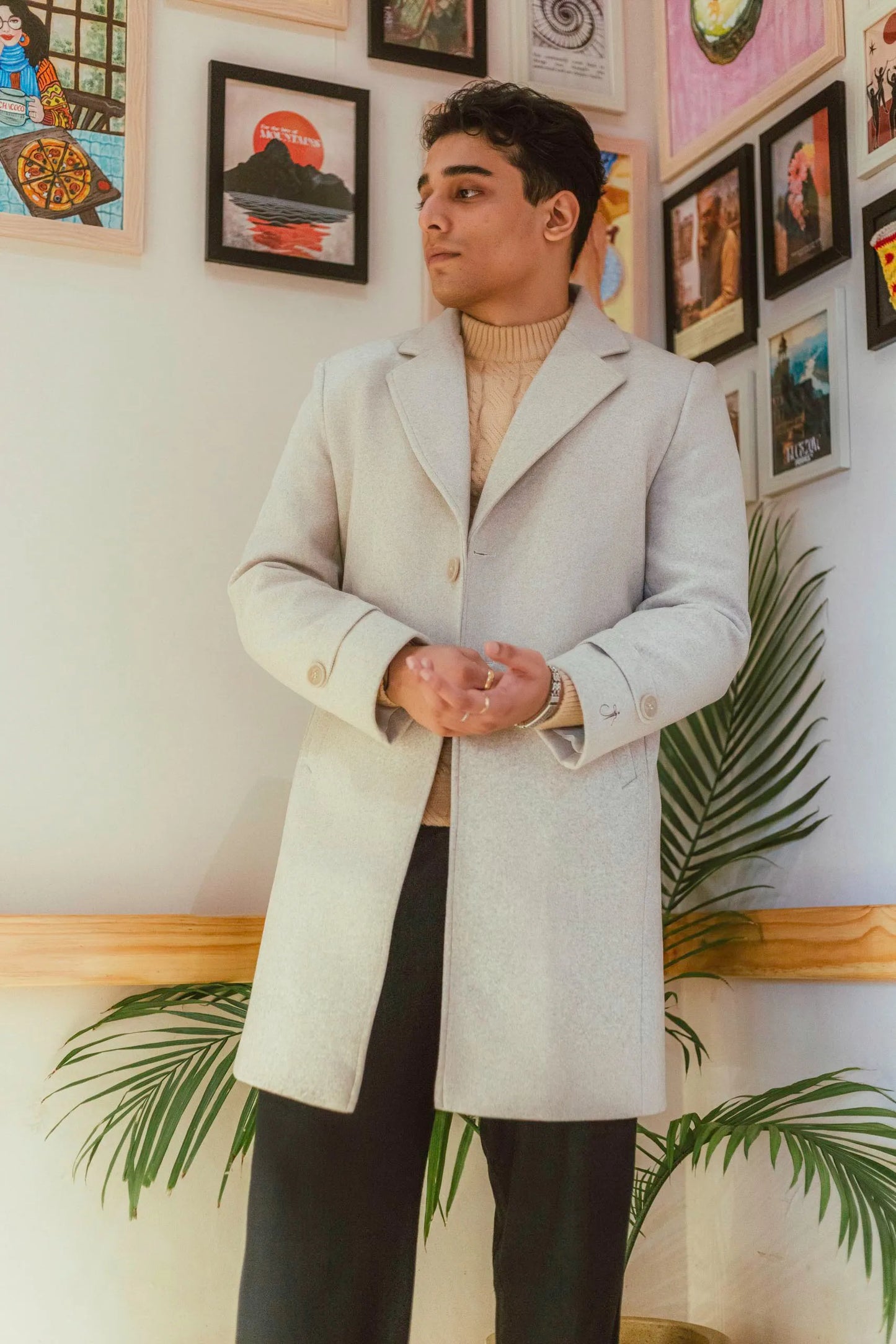 Men Long Coat Solid Weave