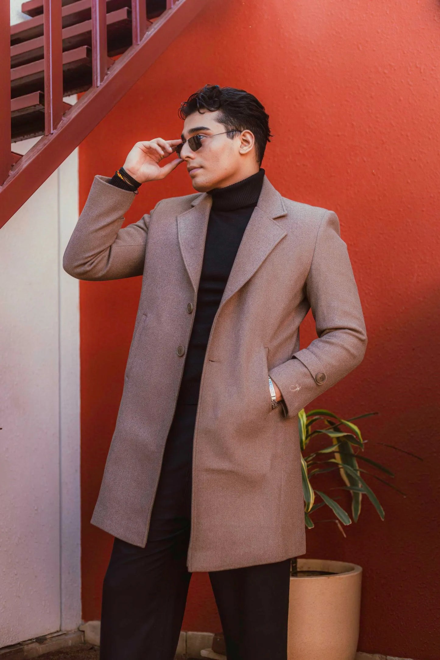Men Long Coat Solid Weave