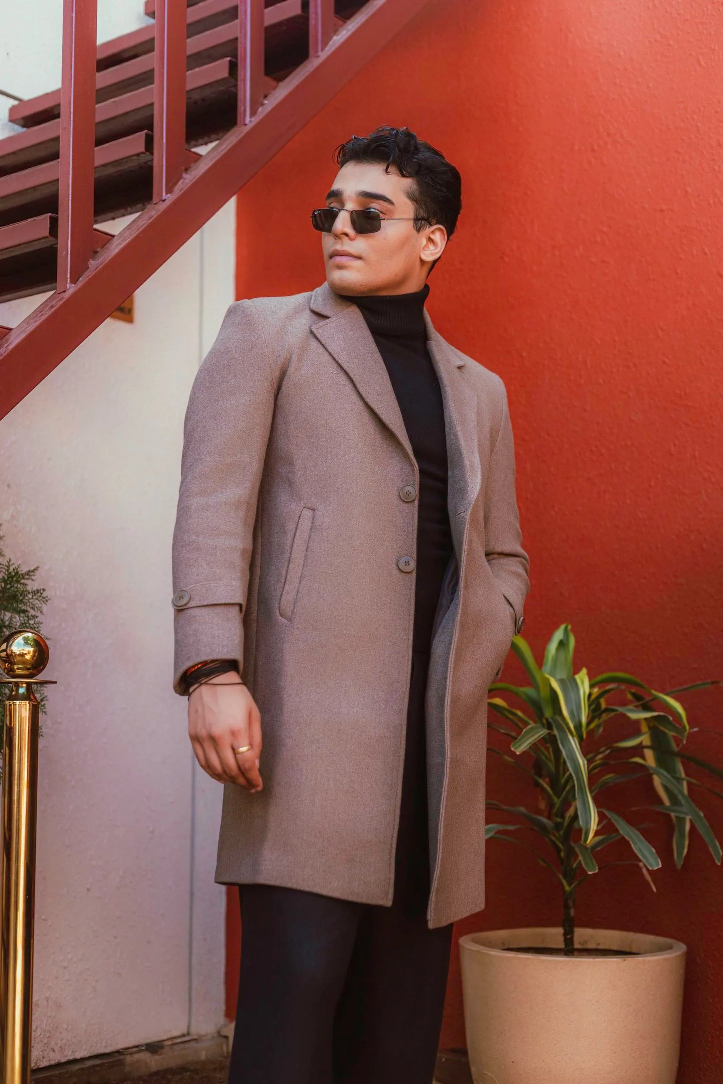 Men Long Coat Solid Weave