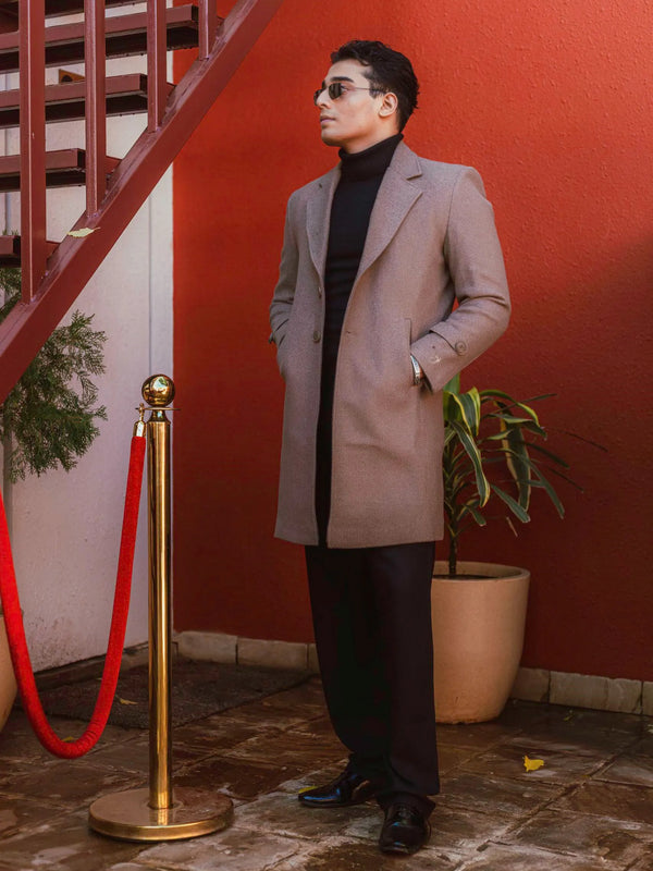 Men Long Coat Solid Weave