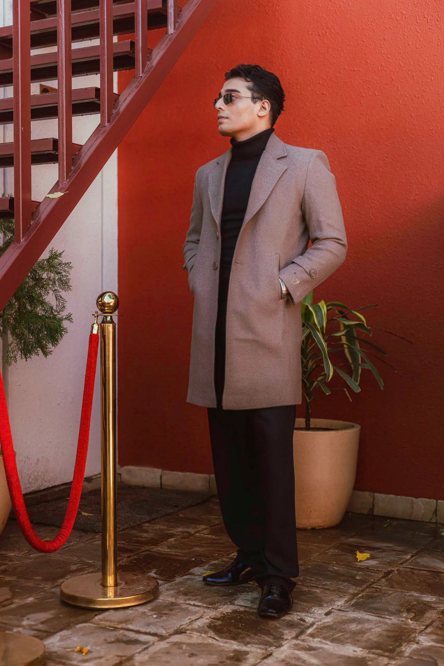 Men Long Coat Solid Weave