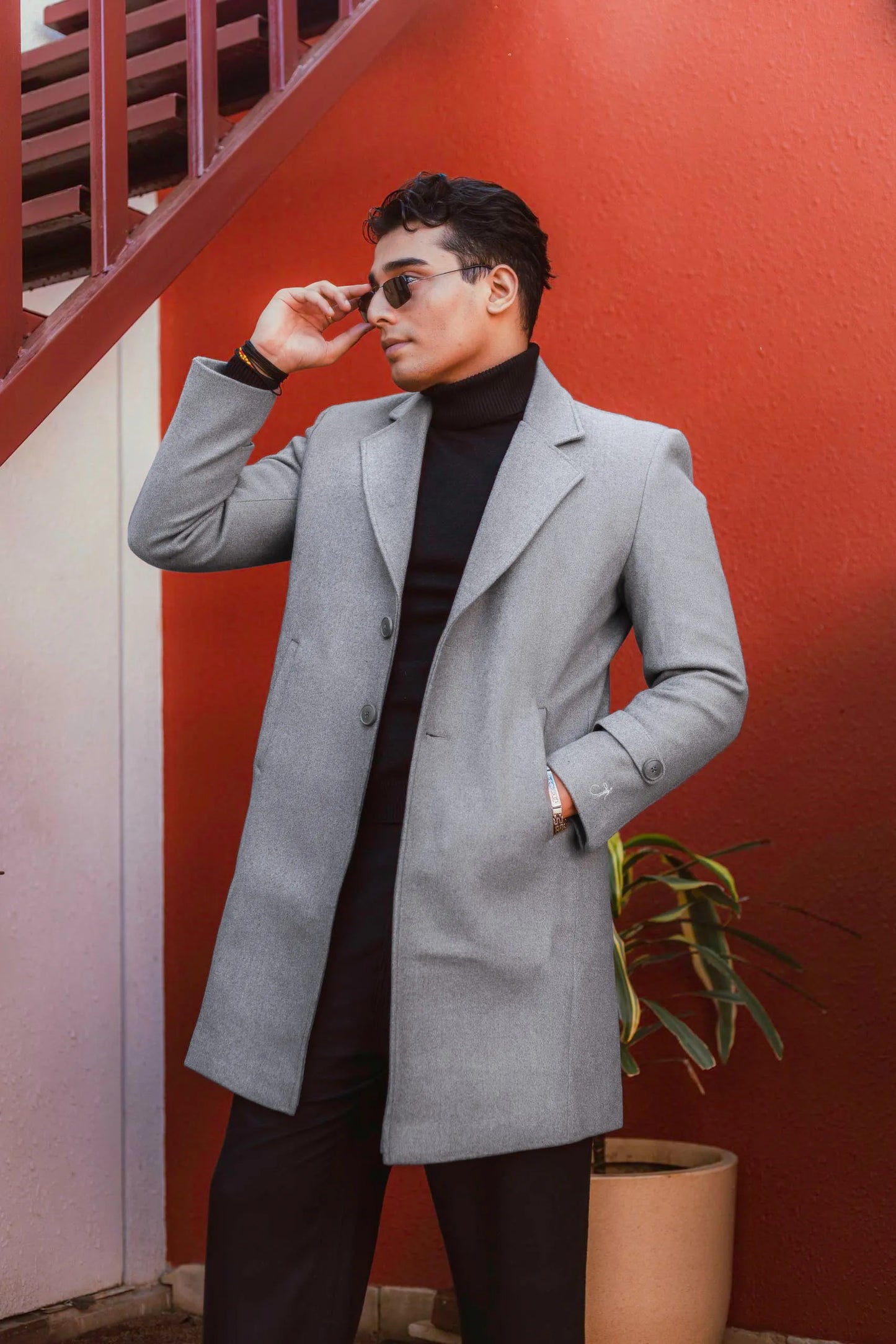 Men Long Coat Solid Weave
