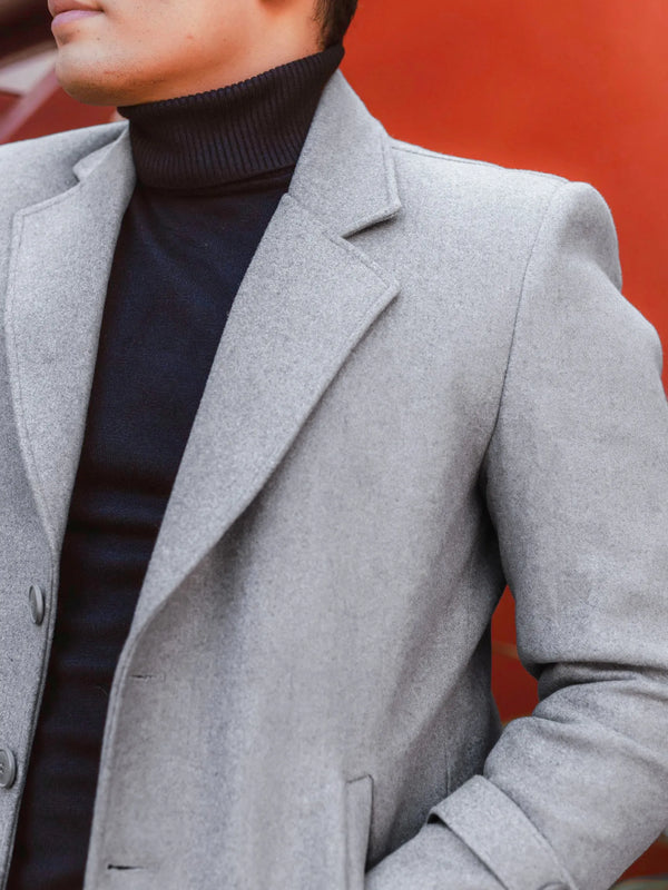 Men Long Coat Solid Weave