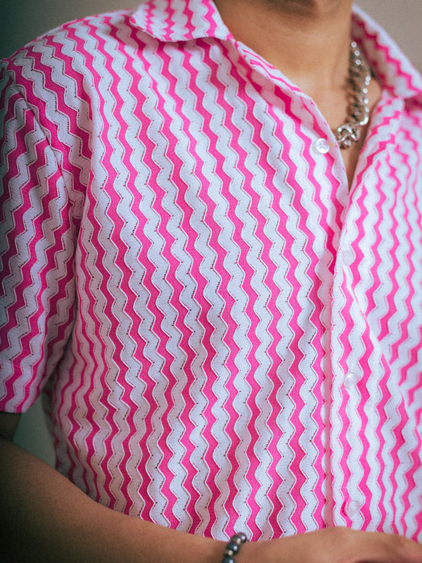 Fuchsia Pink Recycled Crochet Knitted Resort Shirt