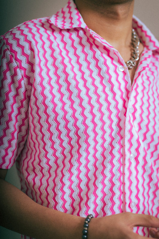 Fuchsia Pink Recycled Crochet Knitted Resort Shirt