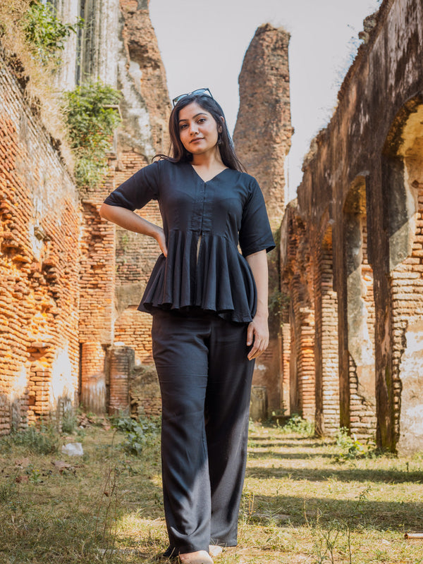 V-Neck Peplum Style Top & Trouser Rayon Co-ord Set