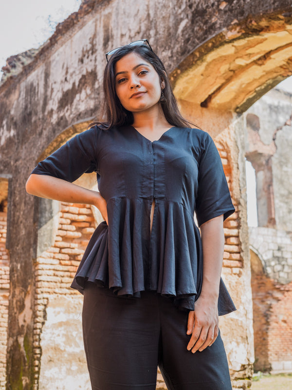 V-Neck Peplum Style Top & Trouser Rayon Co-ord Set