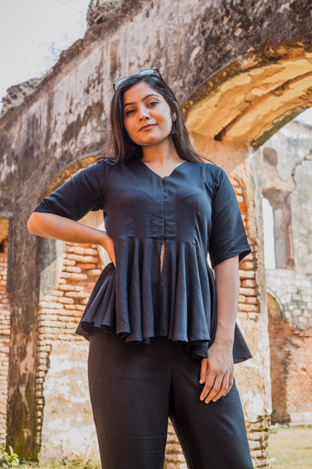 V-Neck Peplum Style Top & Trouser Rayon Co-ord Set