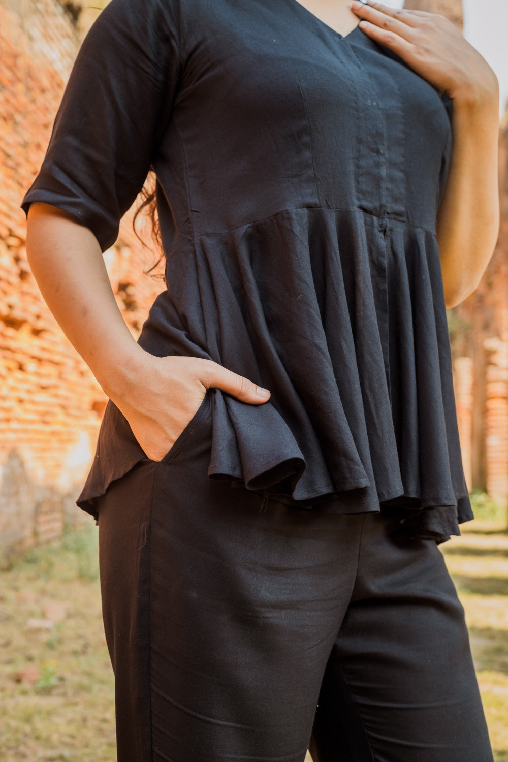 V-Neck Peplum Style Top & Trouser Rayon Co-ord Set