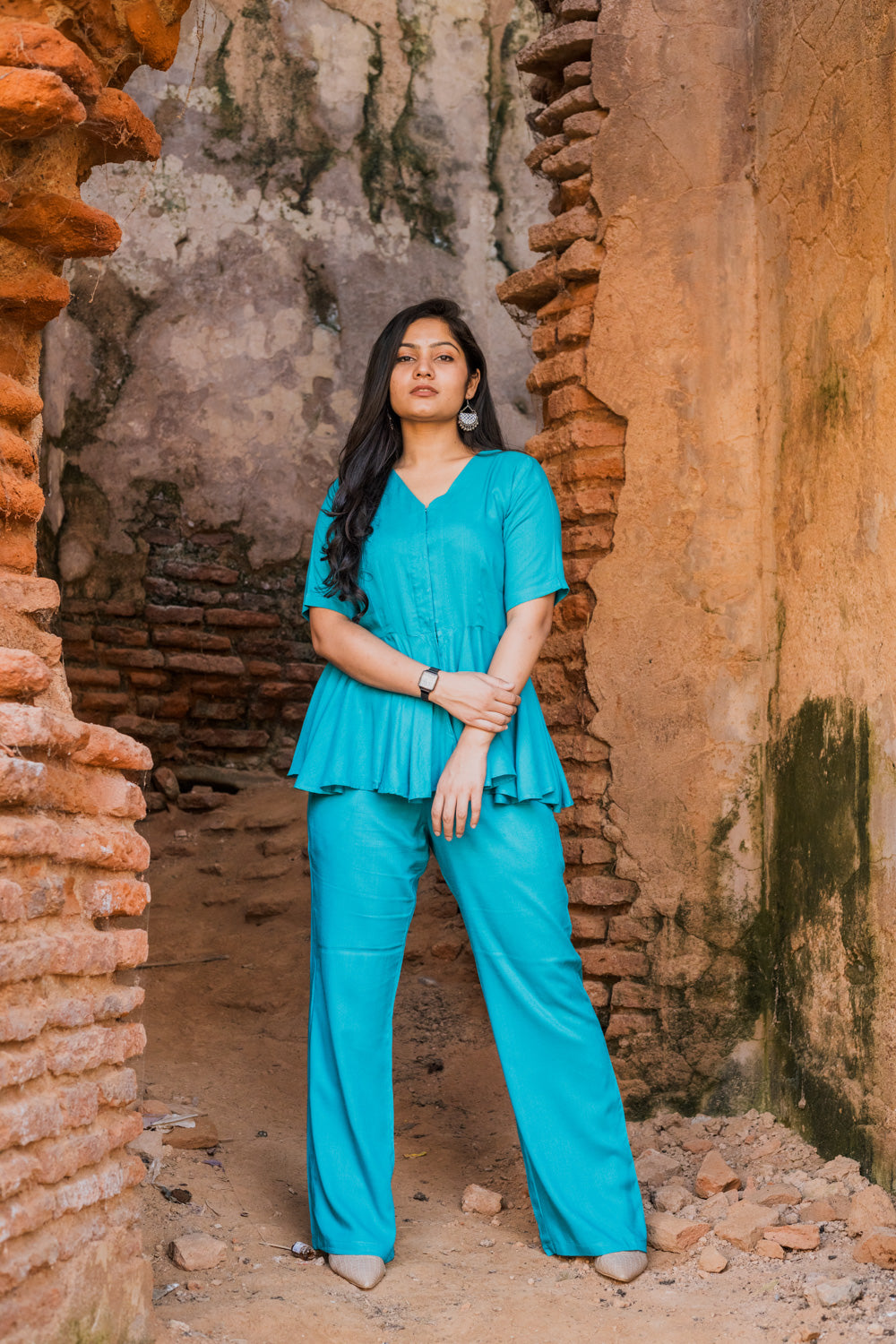 V-Neck Peplum Style Top & Trouser Rayon Co-ord Set
