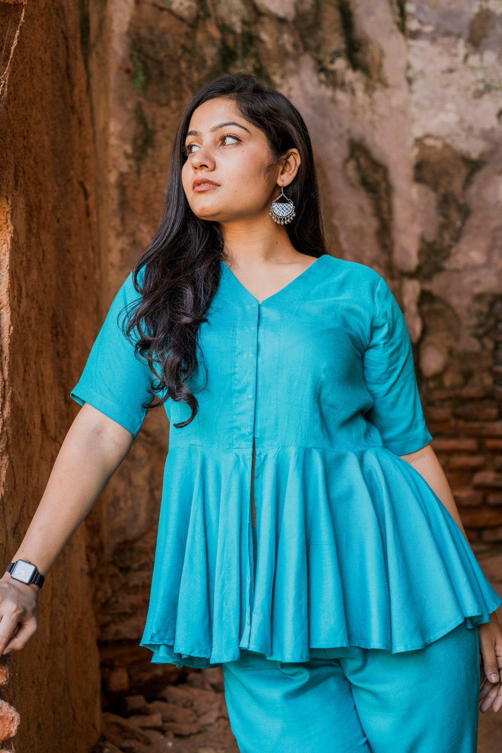 V-Neck Peplum Style Top & Trouser Rayon Co-ord Set
