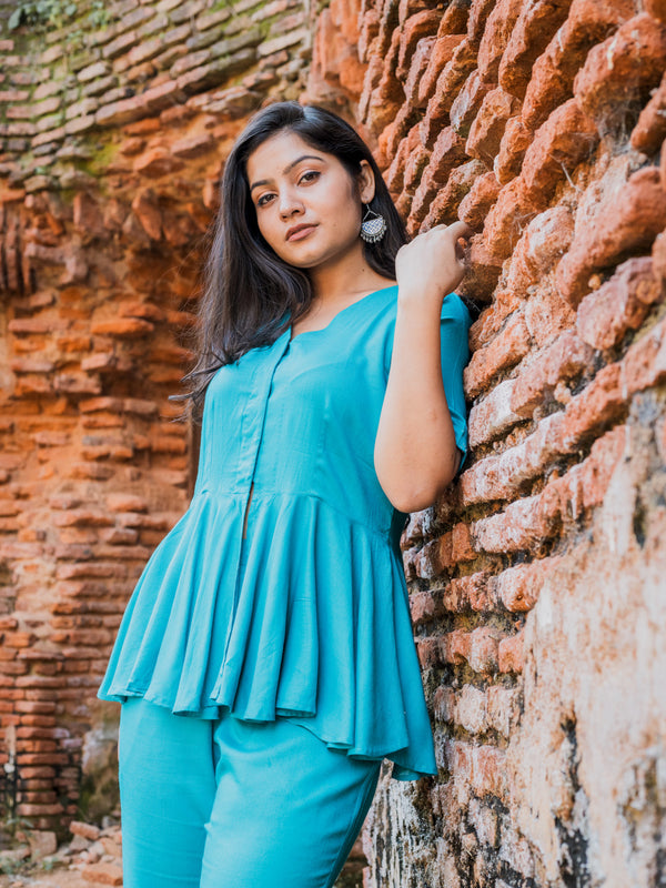 V-Neck Peplum Style Top & Trouser Rayon Co-ord Set