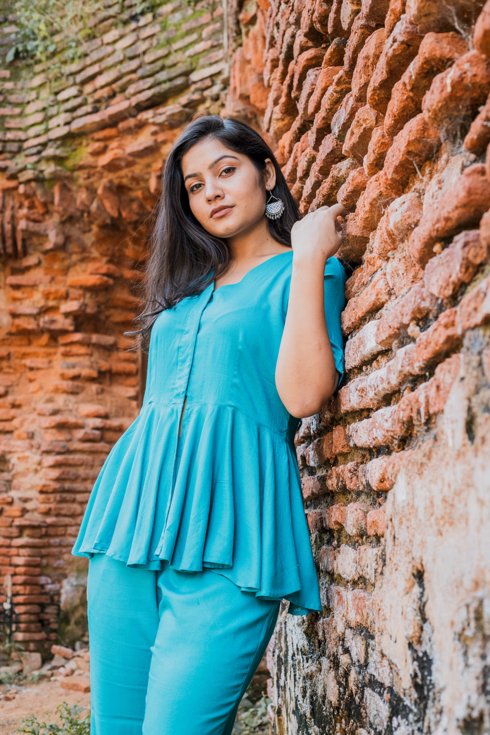 V-Neck Peplum Style Top & Trouser Rayon Co-ord Set