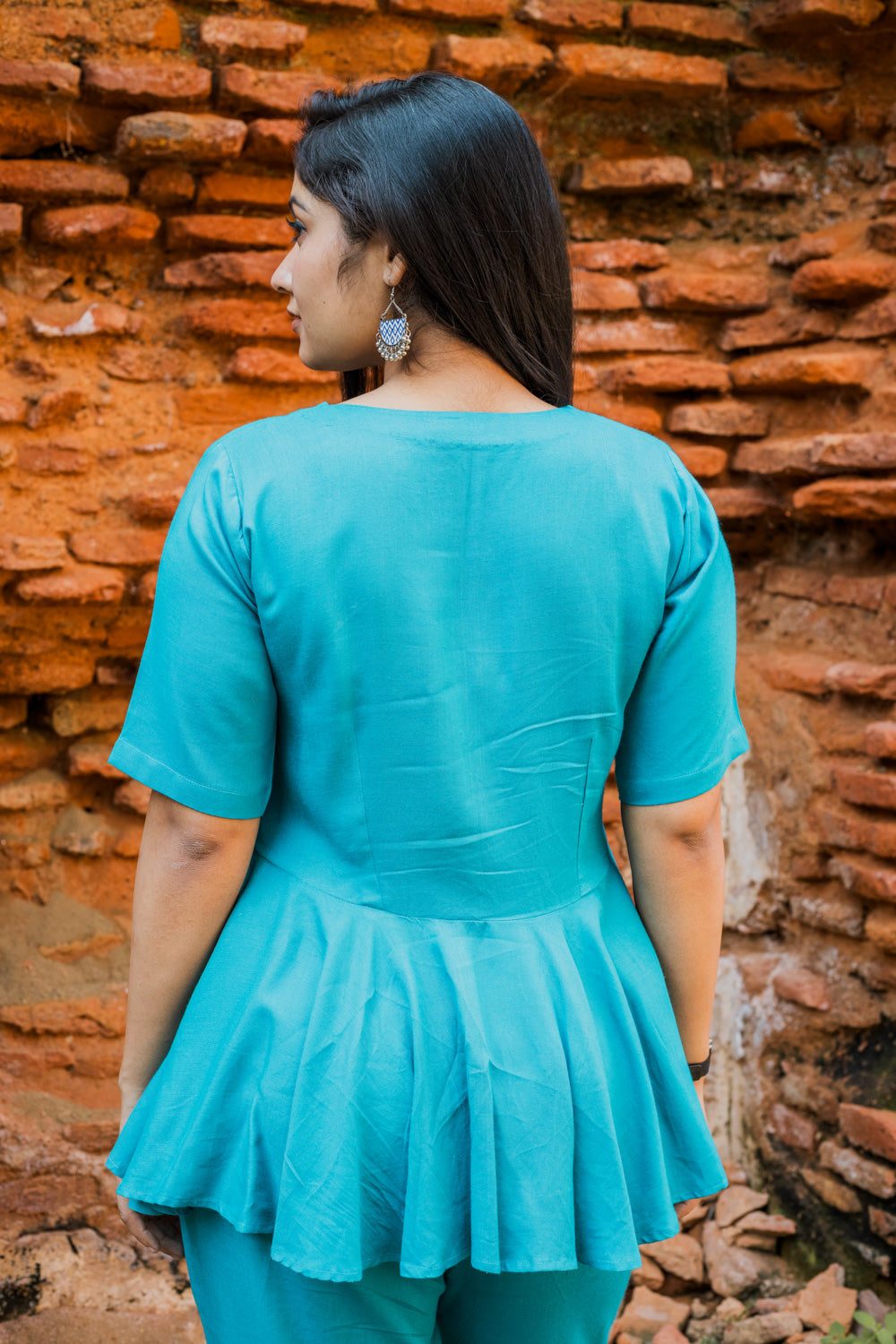 V-Neck Peplum Style Top & Trouser Rayon Co-ord Set