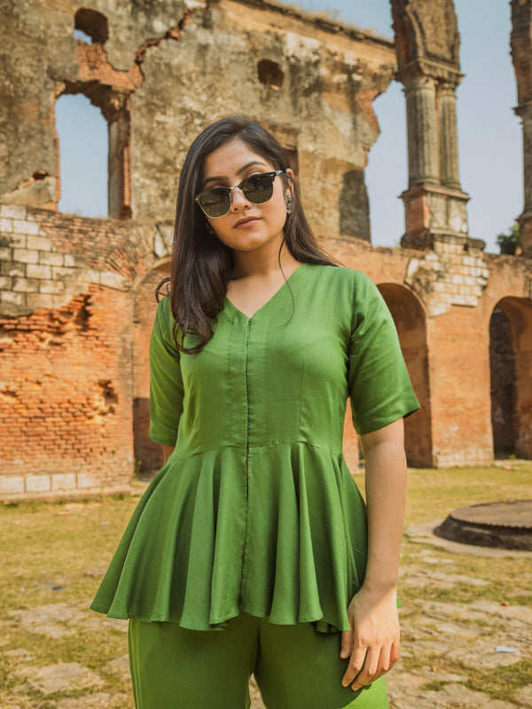 V-Neck Peplum Style Top & Trouser Rayon Co-ord Set