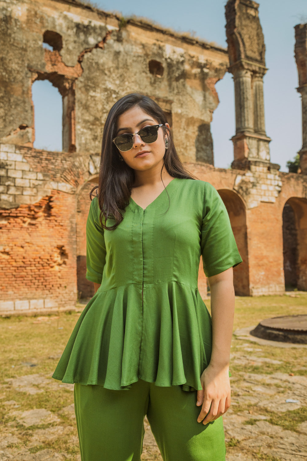 V-Neck Peplum Style Top & Trouser Rayon Co-ord Set