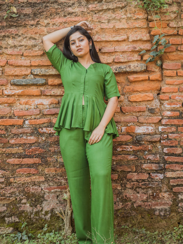 V-Neck Peplum Style Top & Trouser Rayon Co-ord Set