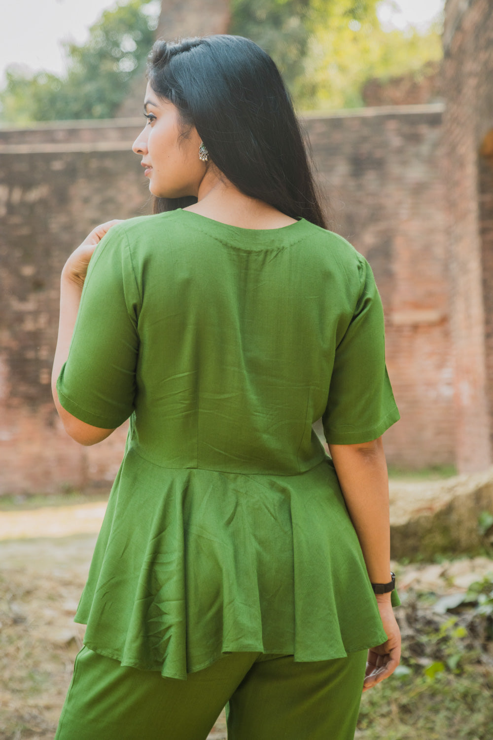 V-Neck Peplum Style Top & Trouser Rayon Co-ord Set
