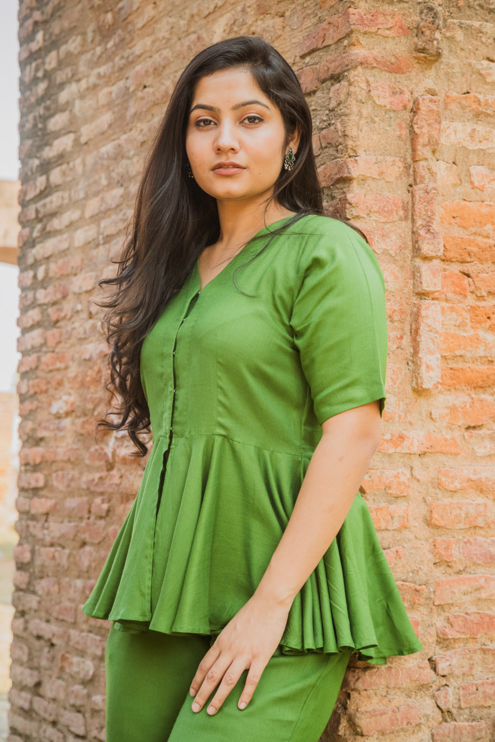 V-Neck Peplum Style Top & Trouser Rayon Co-ord Set