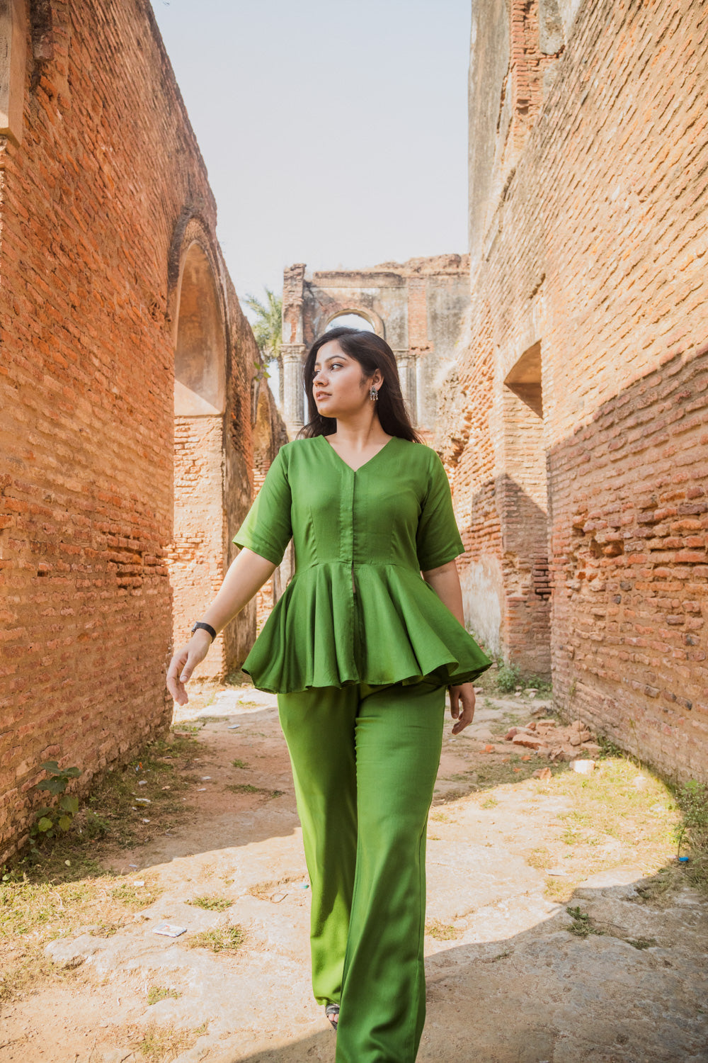 V-Neck Peplum Style Top & Trouser Rayon Co-ord Set