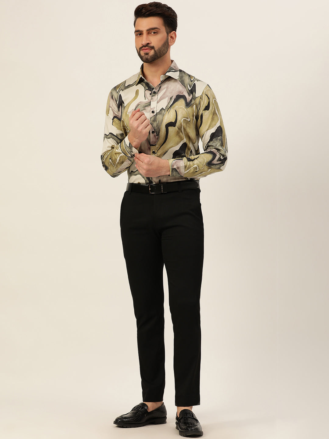 Multicolour Abtsract Marble Printed Party Wear Slim Fit Giza Satin Shirt