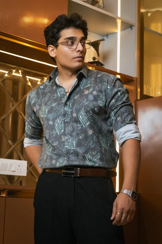 Green Floral Printed Party Wear Giza Cotton Satin Shirt